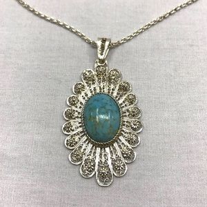 turquoise matrix glass& filigree pendant necklace